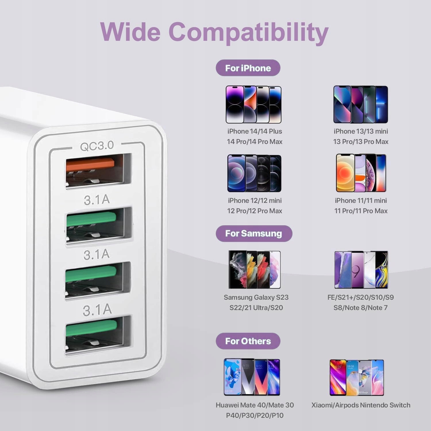 USB ŁADOWARKA 4-Portowy Adapter 33W QC 3.0 Szybkie Ładowanie — miniatura 2