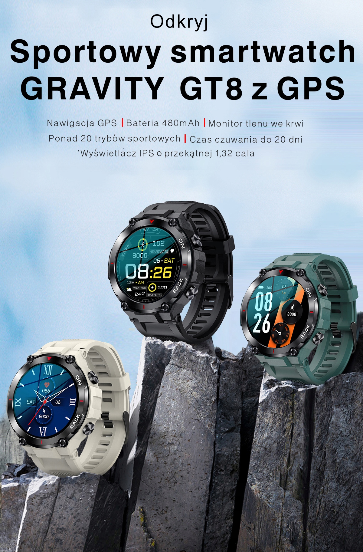 Smartwatch GRAVITY GT8-1 CZARNY Męski TĘTNO KALORIE SEN ROZMOWY BT PL SEN Kolor czarny