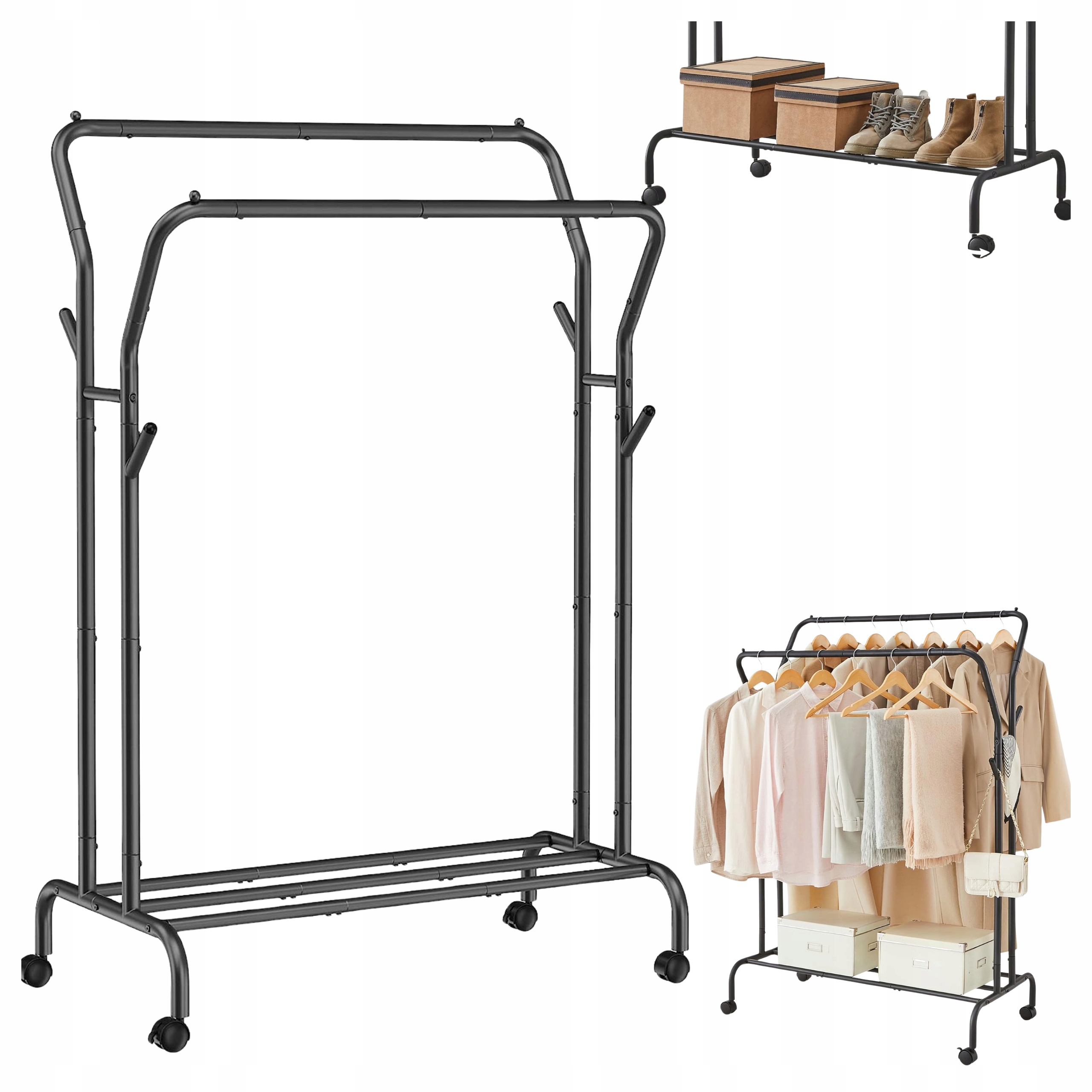 Stojanový věšák na oblečení s kolečky, velký, dvojitý, s poličkou na boty, černý