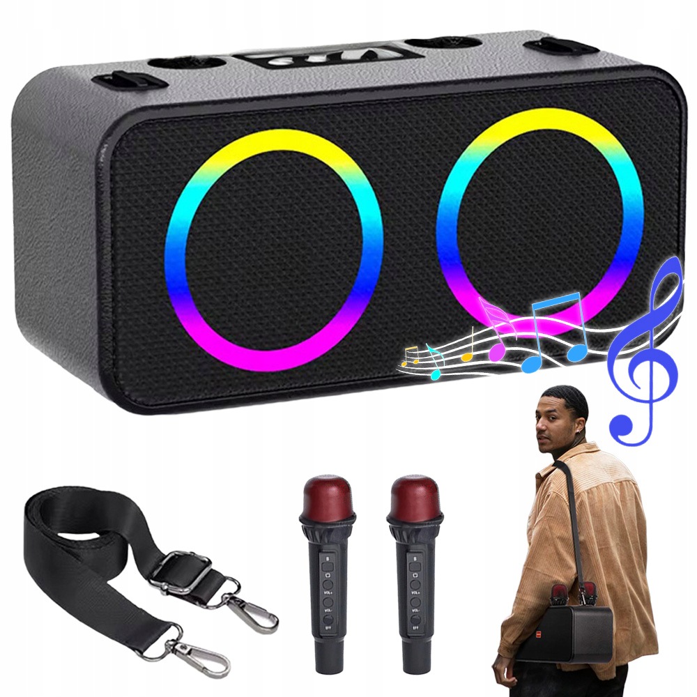Mini Přenosný Reproduktor Karaoke Rgb Sada Dvou Mikrofonů Kabel Bluetooth Usb