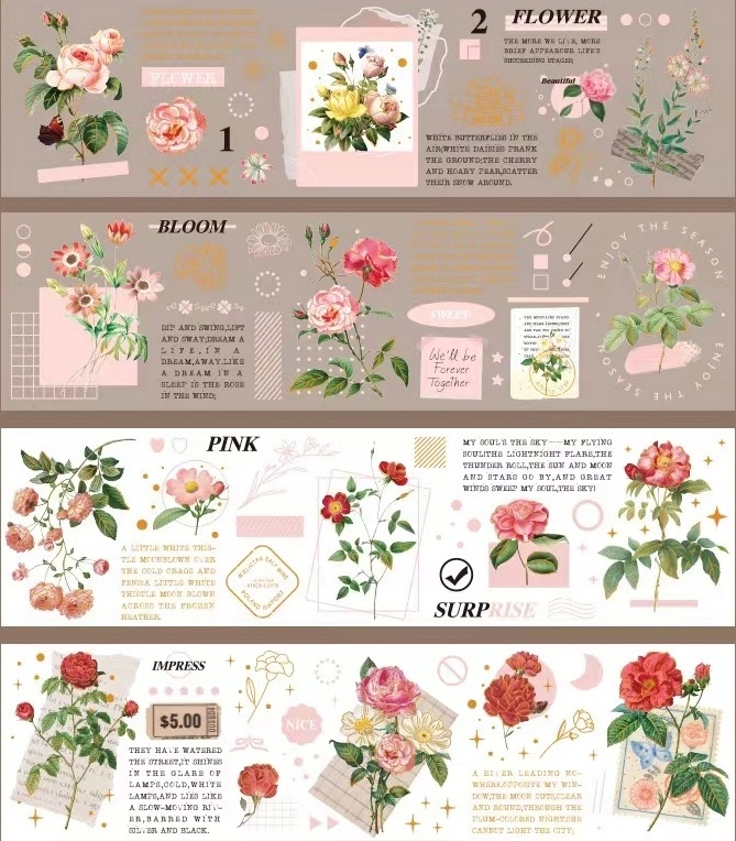 Zestaw 4 pasków z klejem scrapbooking róże kwiaty