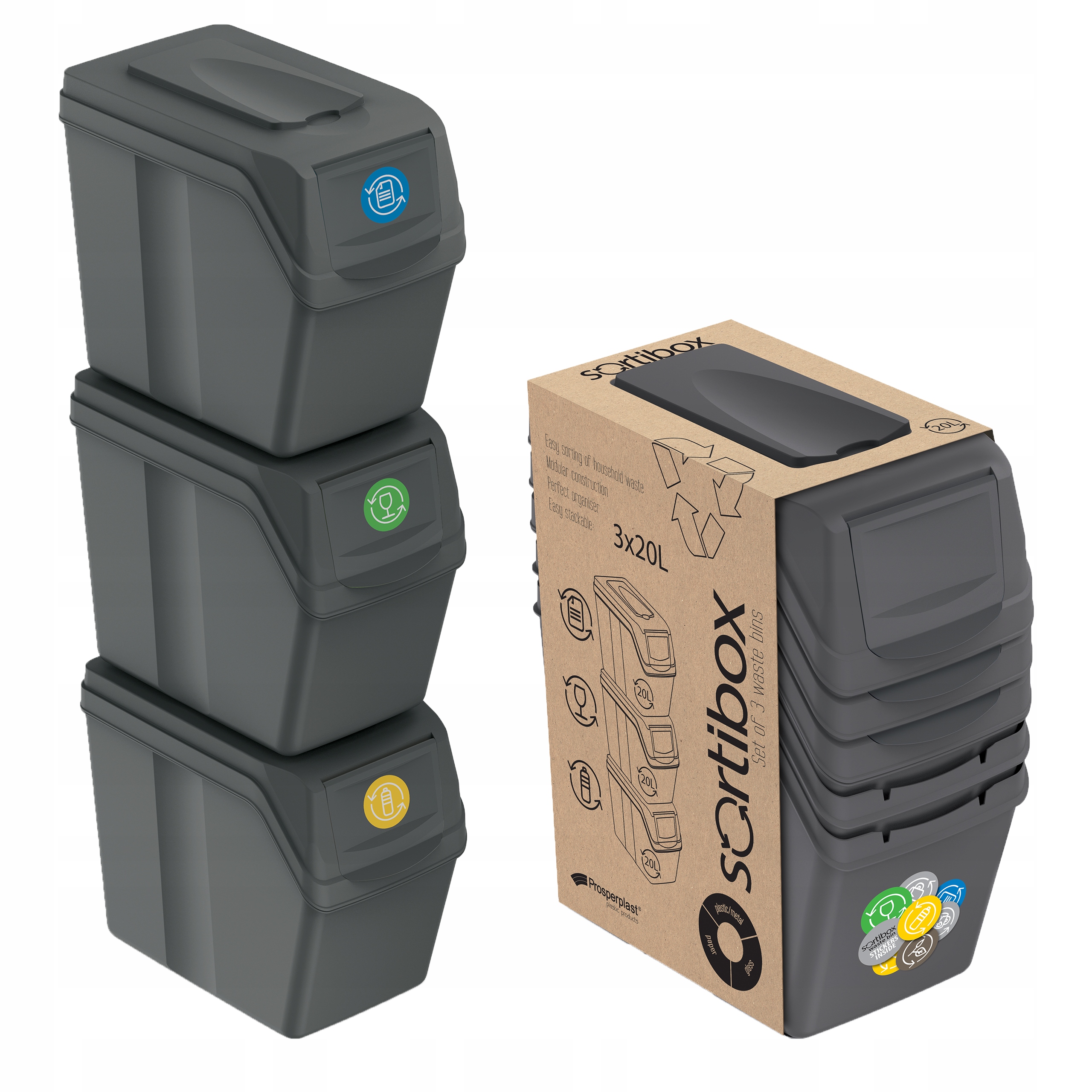 Levně Sada Odpadkových Košů Na Tříděný Odpad 3x20 Samolepky