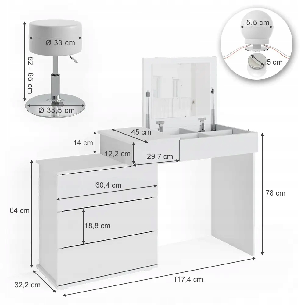 BIAŁA TOALETKA LOTOS Z TABORETEM I LED VICCO Materiał płyta laminowana