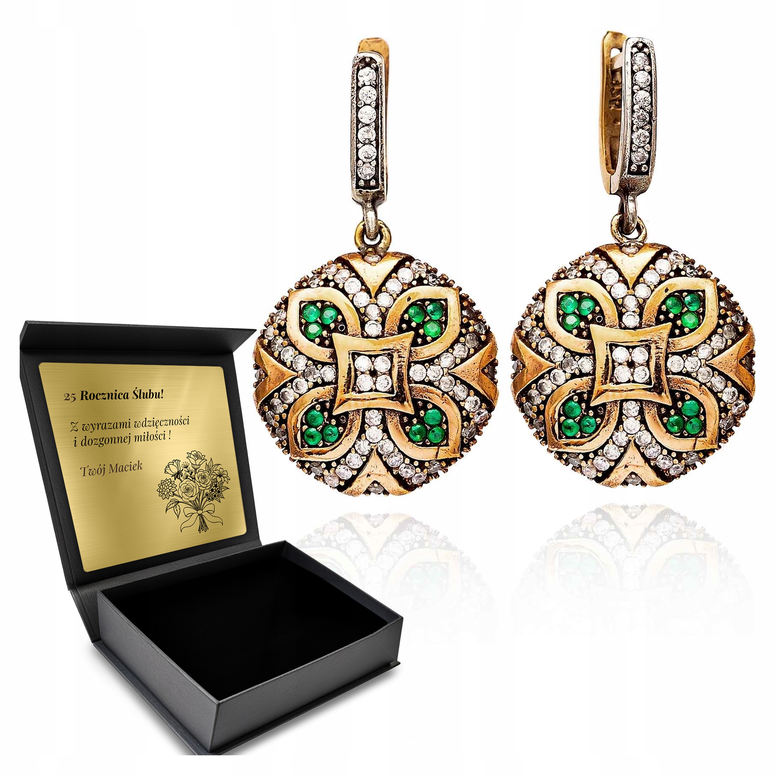 Stříbrné Náušnice Zirkony Smaragd Orientálním Smaragdovým Vzorem Gravírování