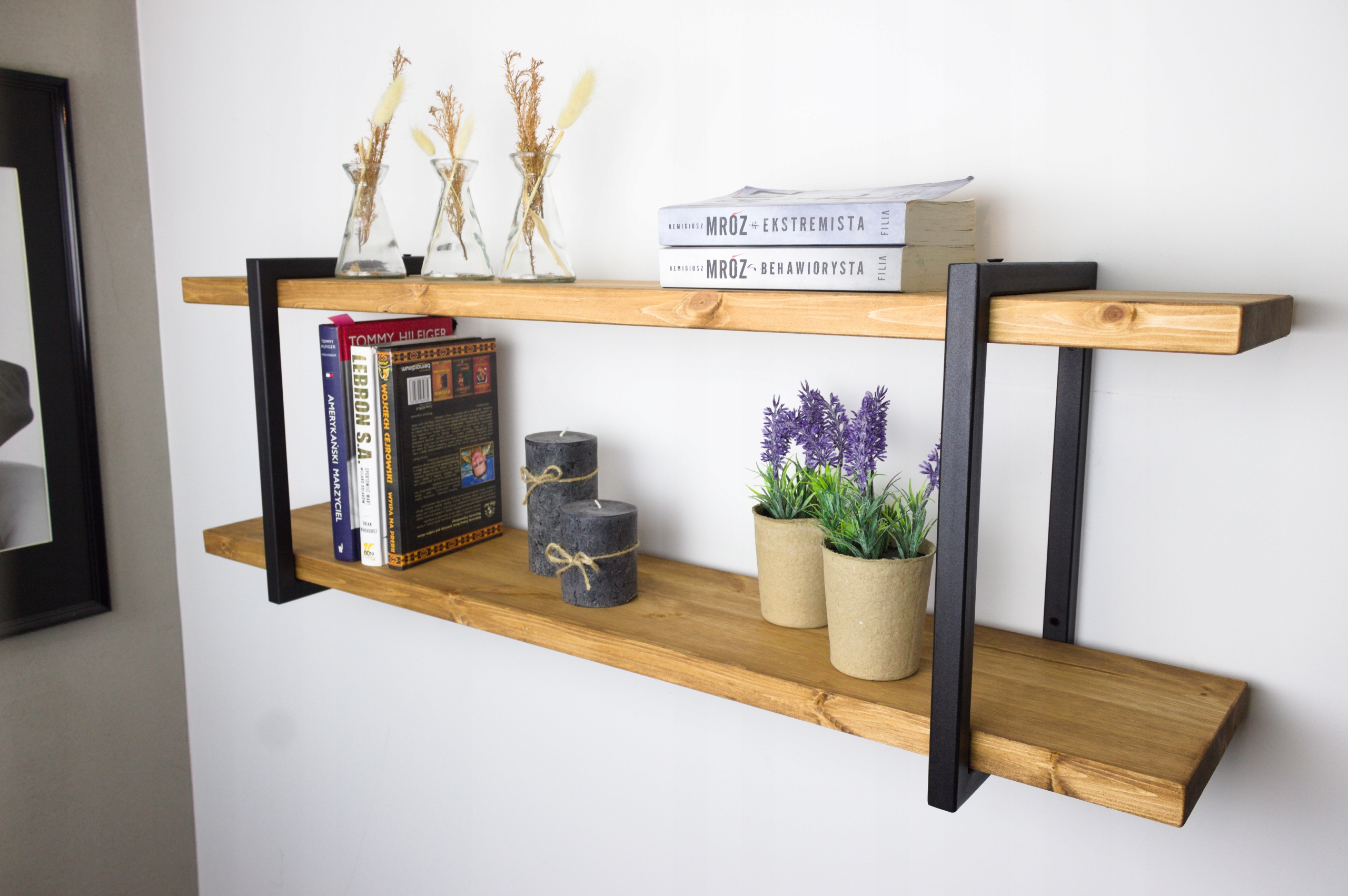 Závesná nástenná polica Loft Industriálna dvojitá drevená 40 cm x 25 cm