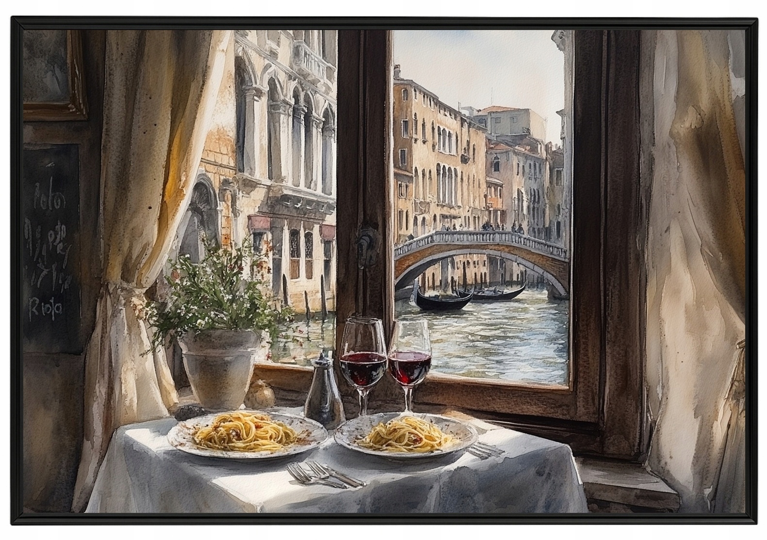 Plakát Rámeček Aluminium Kuchyně Pasta Spaghetti Okno Benátky Pohled 60x40