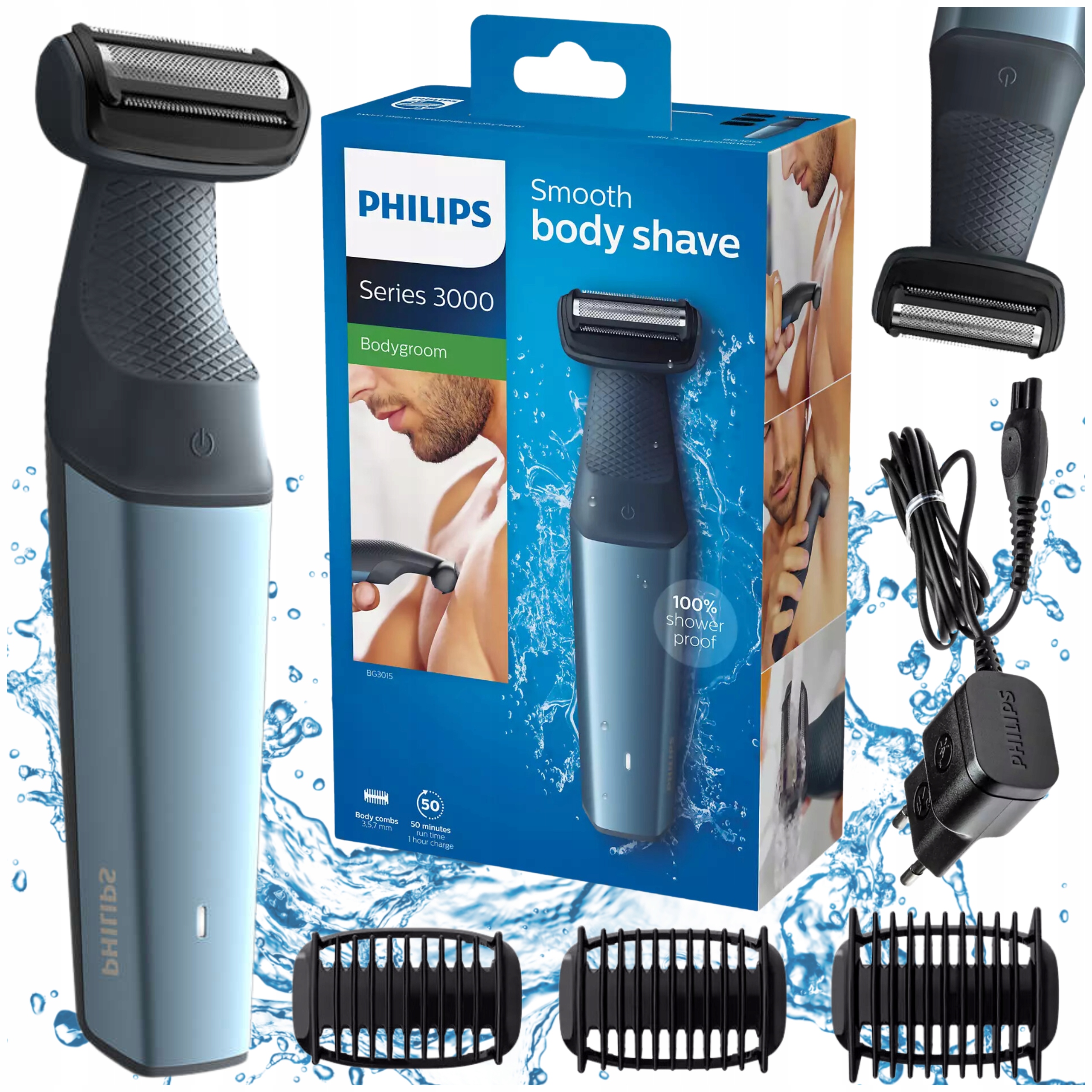 PHILIPS WODOODPORNA GOLARKA TRYMER DO CIAŁA I STREF INTYMNYCH + 3 NASADKI