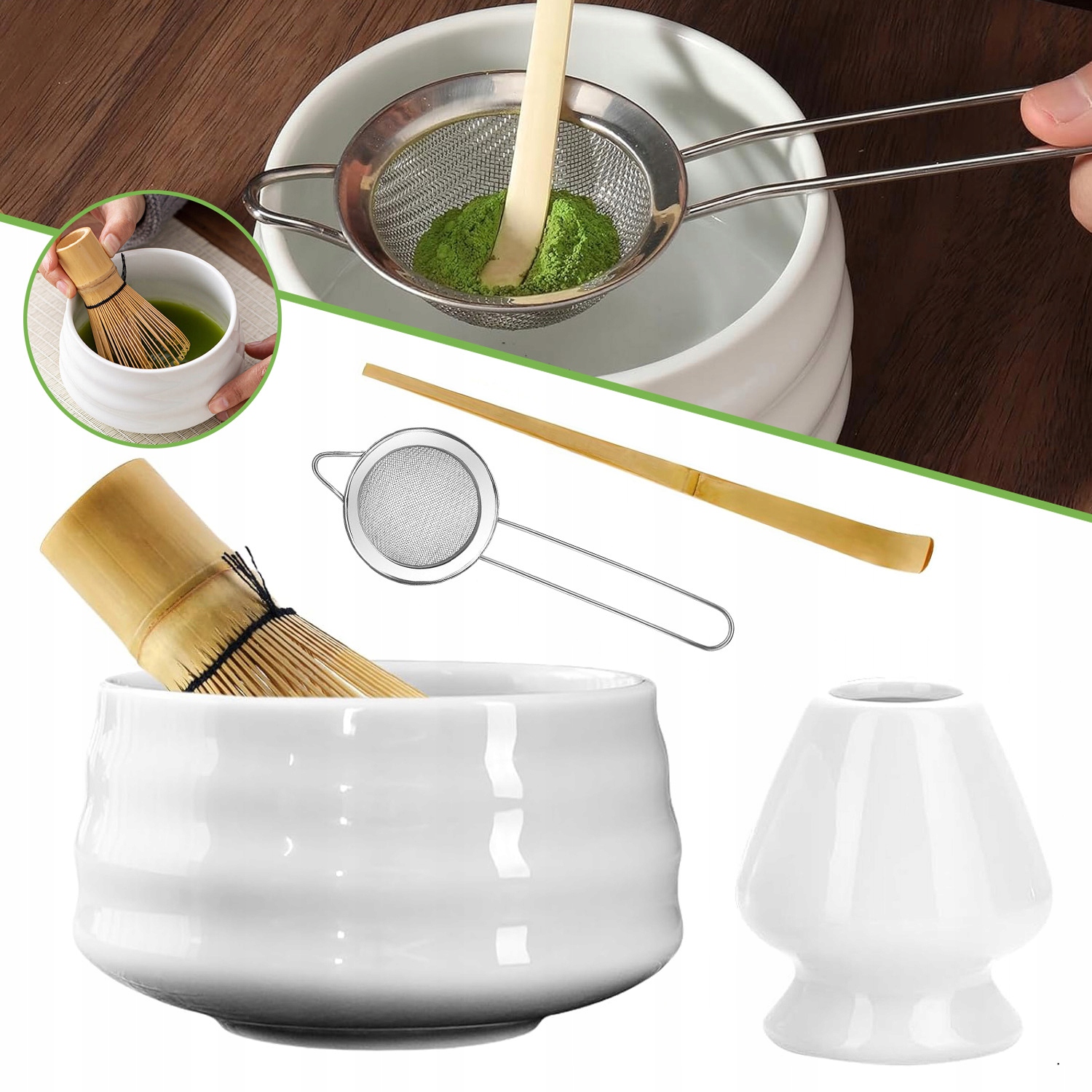 Levně Sada Na Čaj Matcha, Miska Matcha, Bambusová Šlehací Metla, Prosévač
