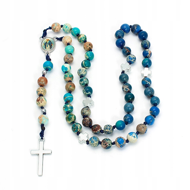 Růženec ručně vyráběný tmavě modrý jaspis Matka Boží Zázračná Panna
