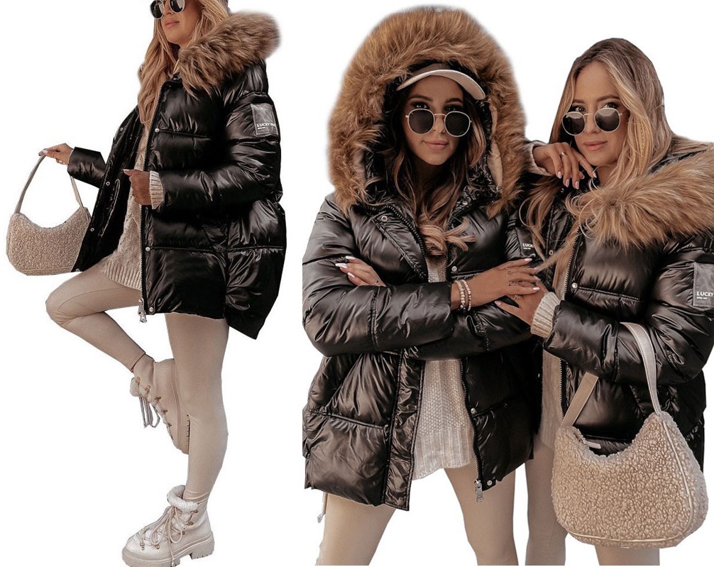 KURTKA PIKOWANA Z KAPTUREM FUTERKO PARKA KOLORY L Rozmiar L