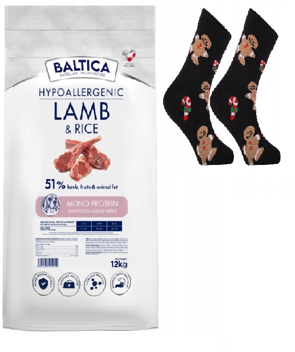 Baltica karma sucha jagnięcina 12 kg Chrupka M skarpetki