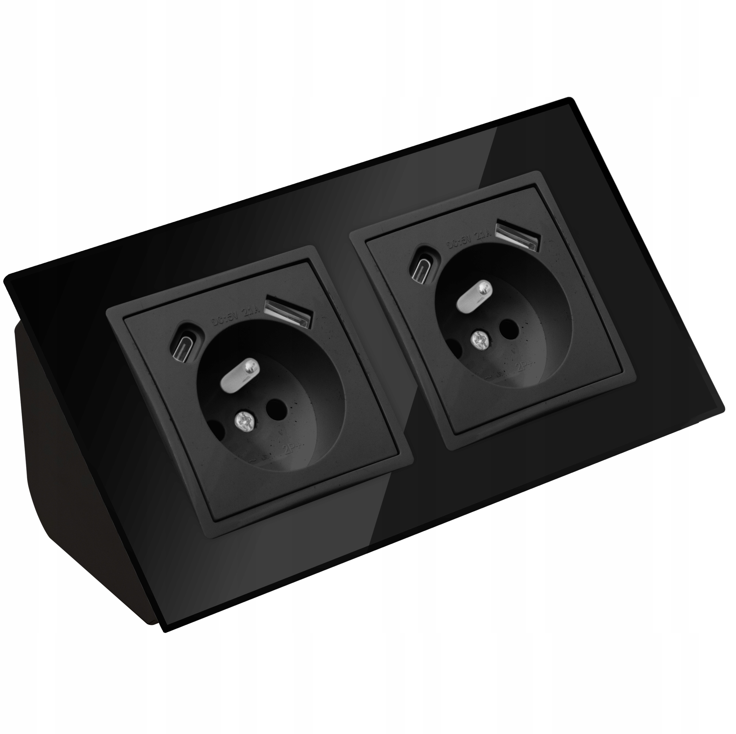 Gniazdo Podwójne Szklane Meblowe Narożne Biurkowe Usb Typ C Czarne Matowe