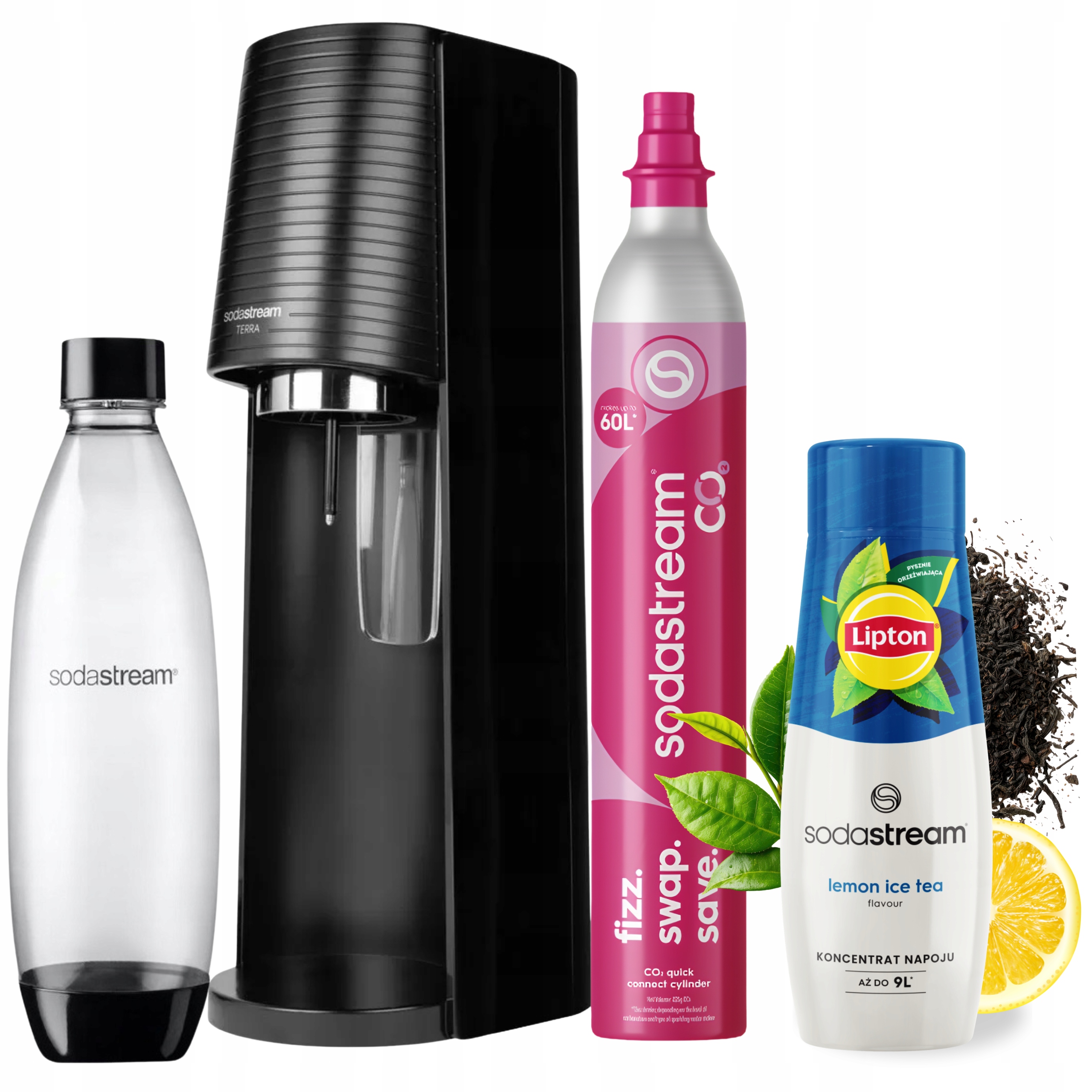 Saturator czarny Terra SodaStream Butelka 1L Syrop Lipton Ice Tea Lemon