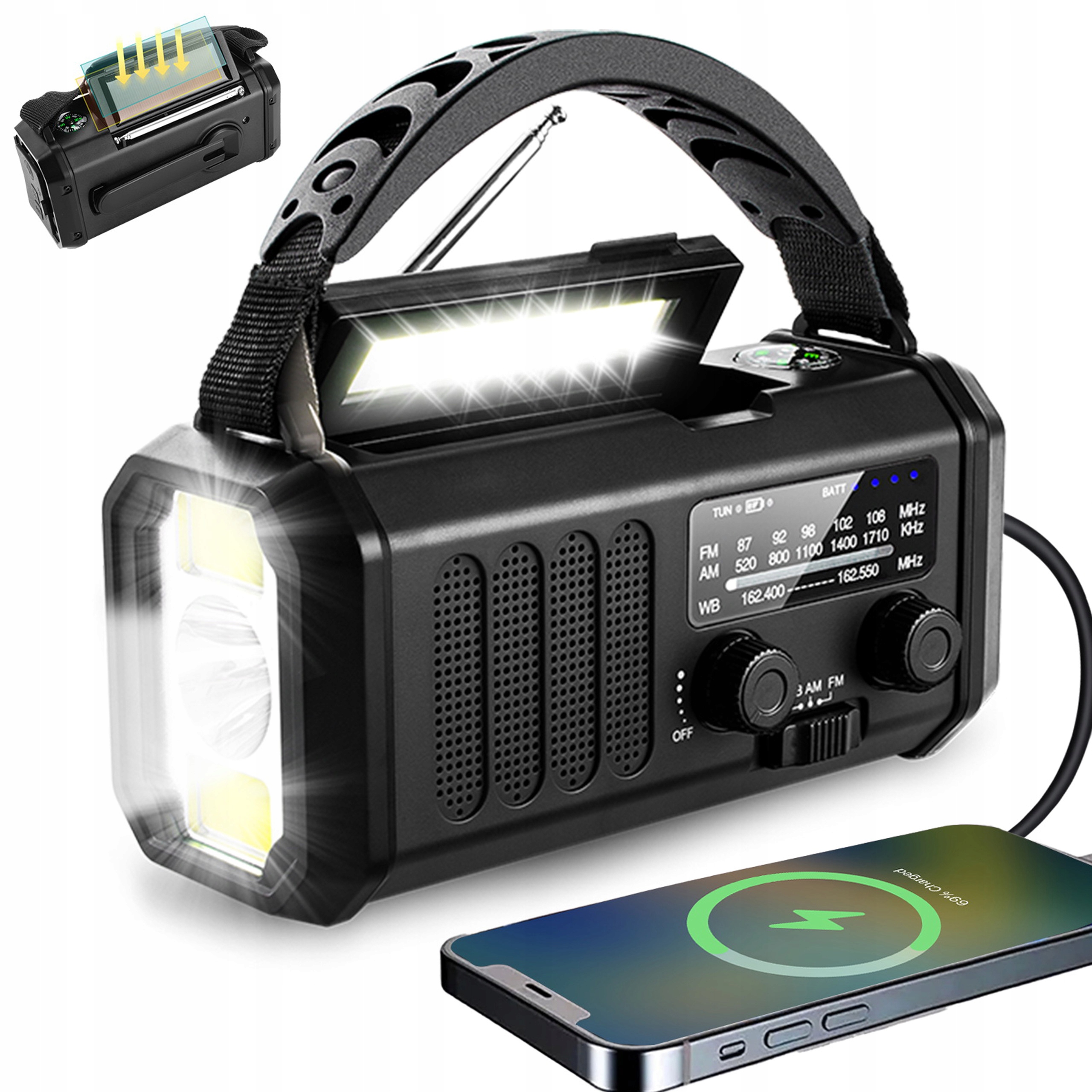 Radio awaryjne solarne AM / FM z SOS ładowarka USB kompas PowerBank 20.000m
