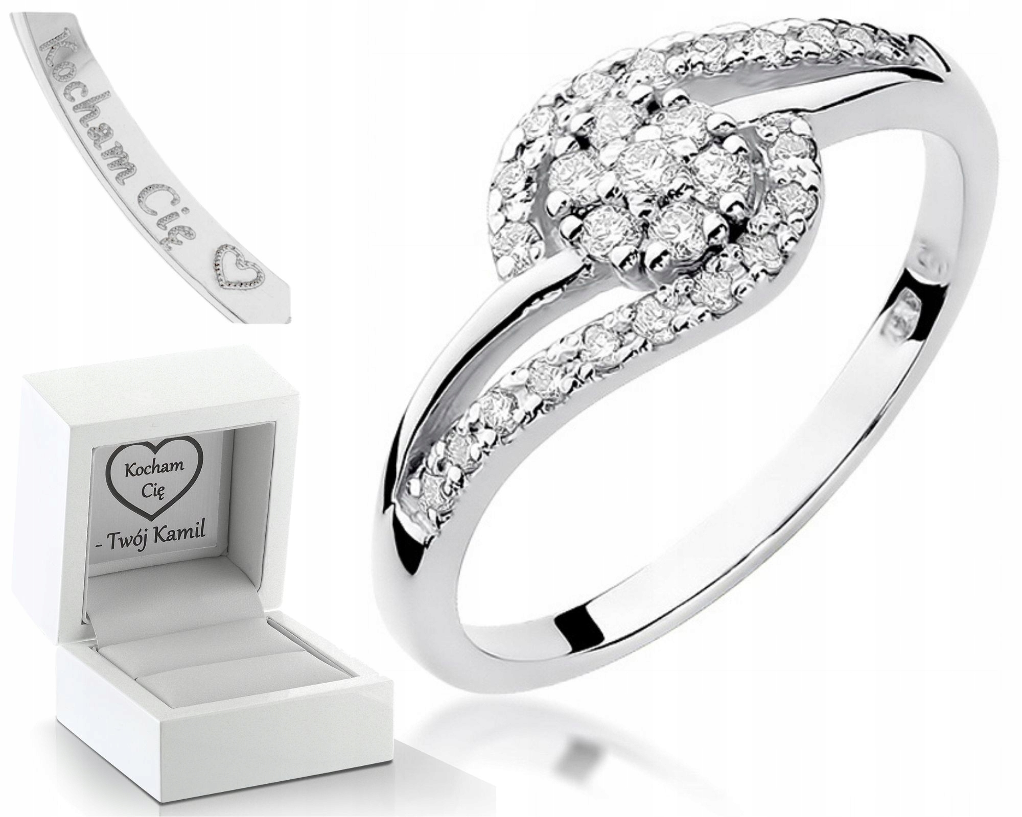 Prstýnek S Brilianty 0,585 Bílé Zlato Gravírování Pro Ženu