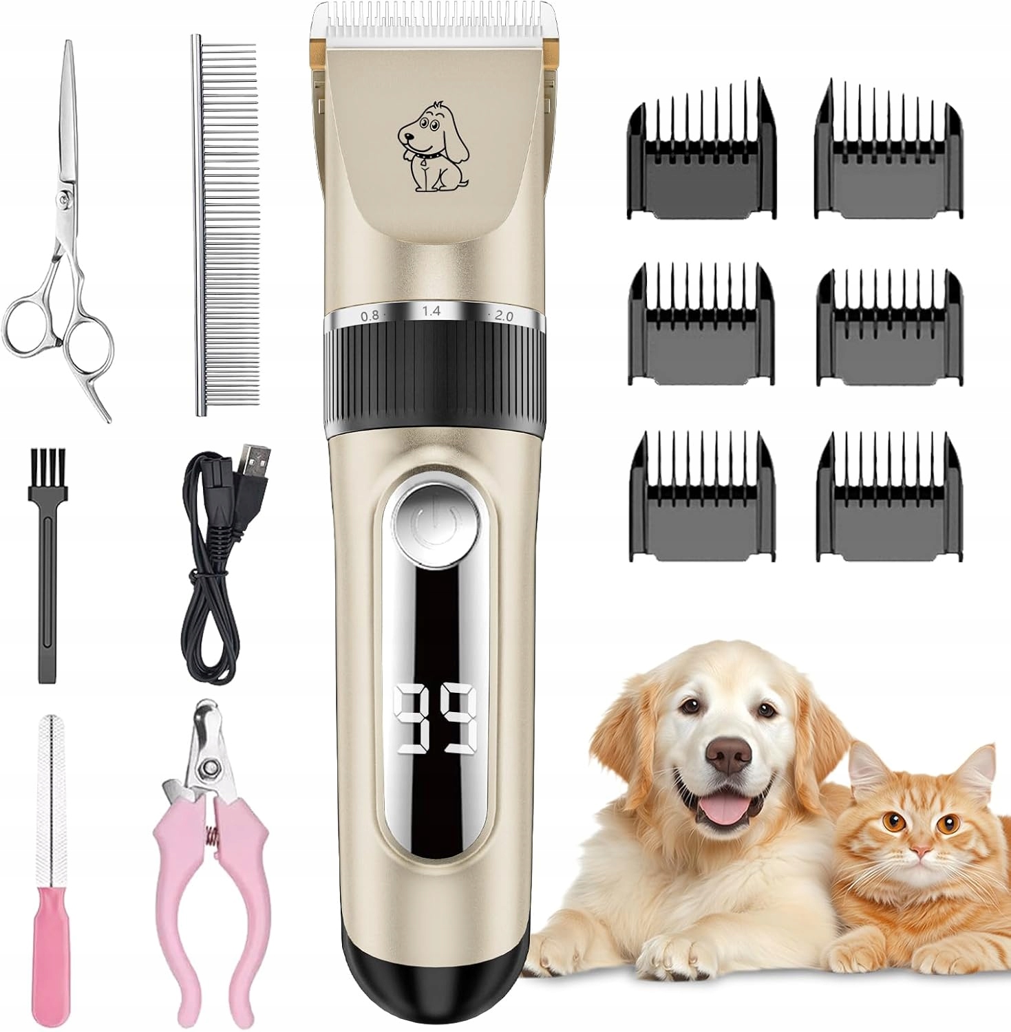 Stříhací strojek na zvířata bezdrátový s nabíjením IPX7 6 hřebenů, titanový