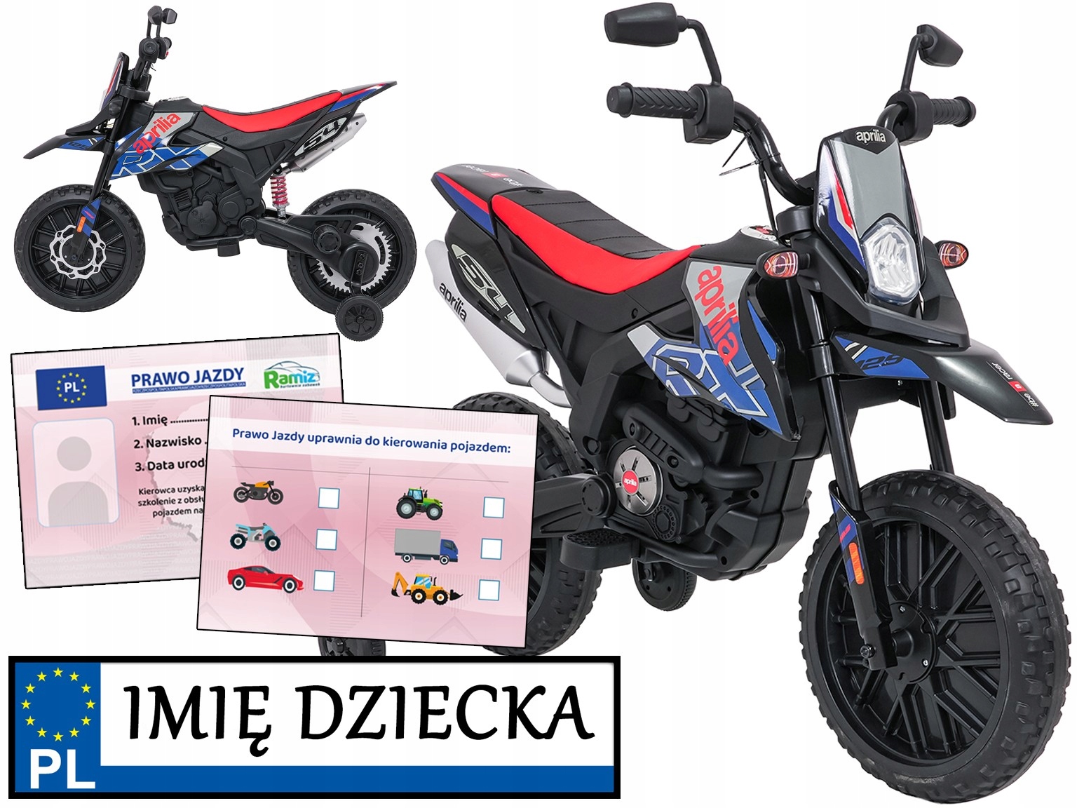 Motor Dla Dzieci na akumulator Aprilia Rx rejestracja imienna Boczne Kółka