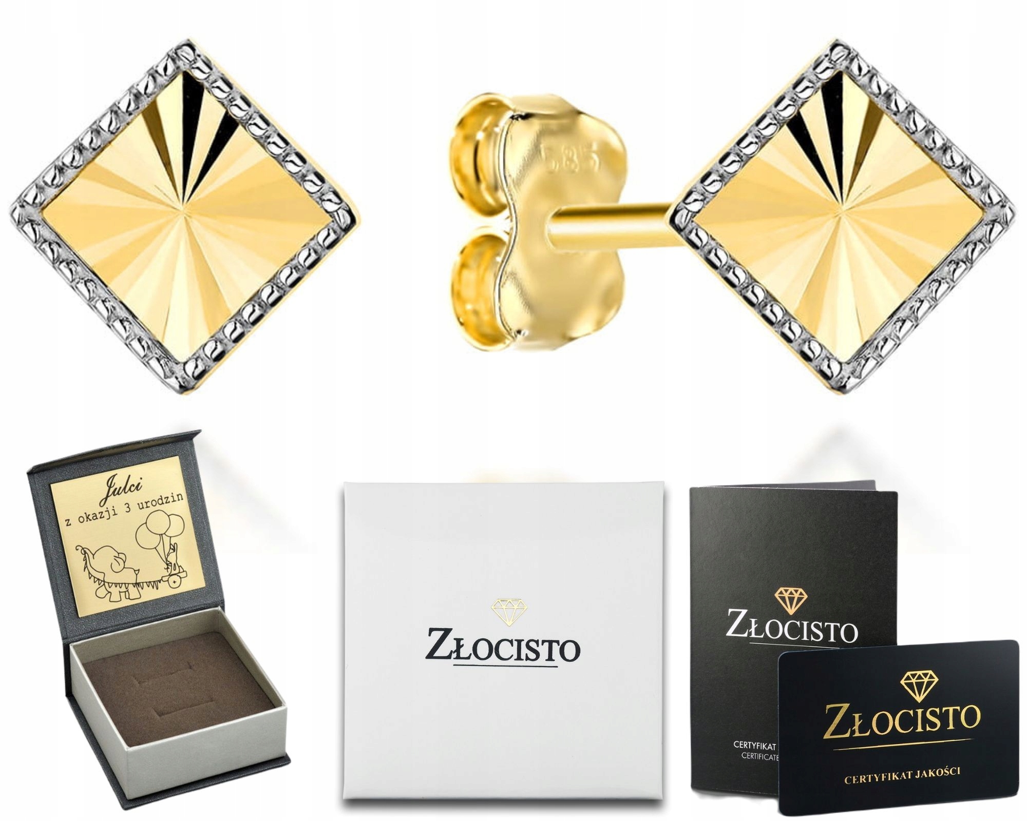 Zlaté Náušnice Diamantový Romb 585 Tyčinka Gravírování