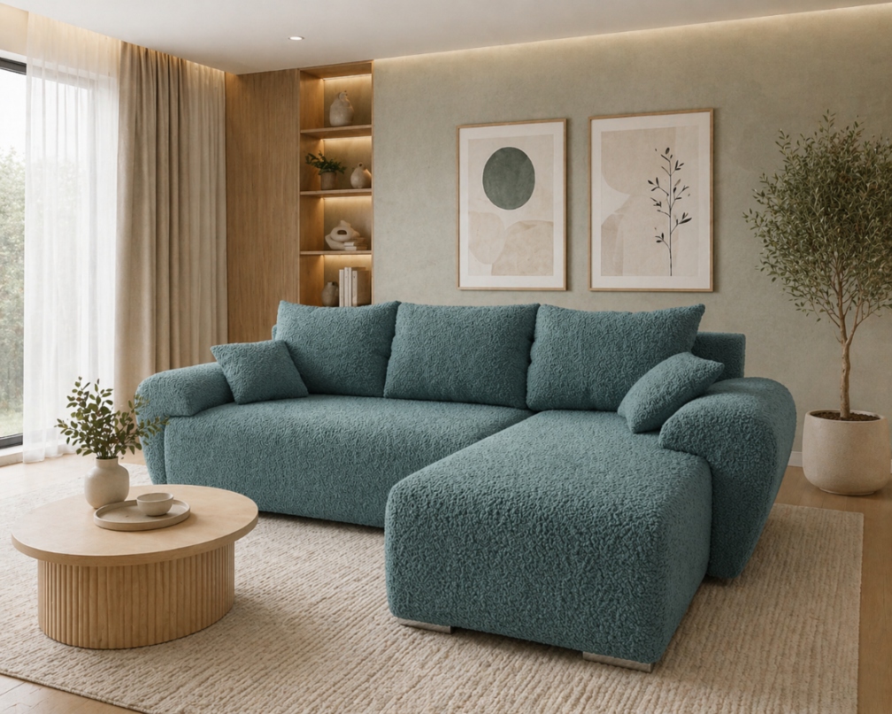 Moderní rohová sedací souprava s funkcí spaní Nesto Boucle Mořská Zeleň