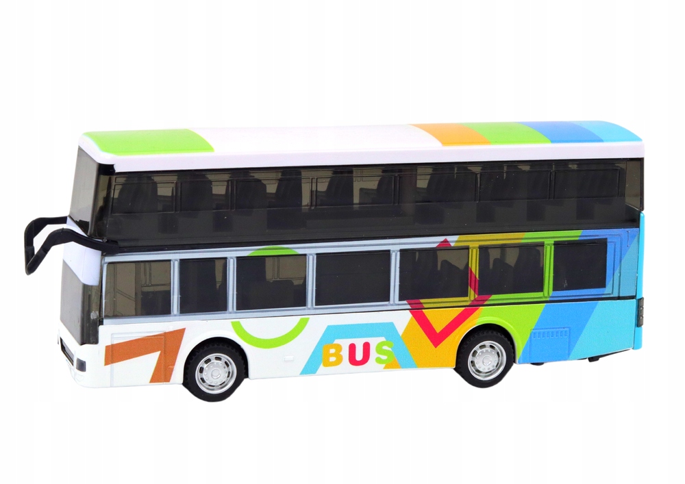 AUTOBUS AUTOKAR METALOWY DWUPIĘTROWY ŚWIATŁA WYDAJE DŹWIĘK BATERIE KOLOROWY