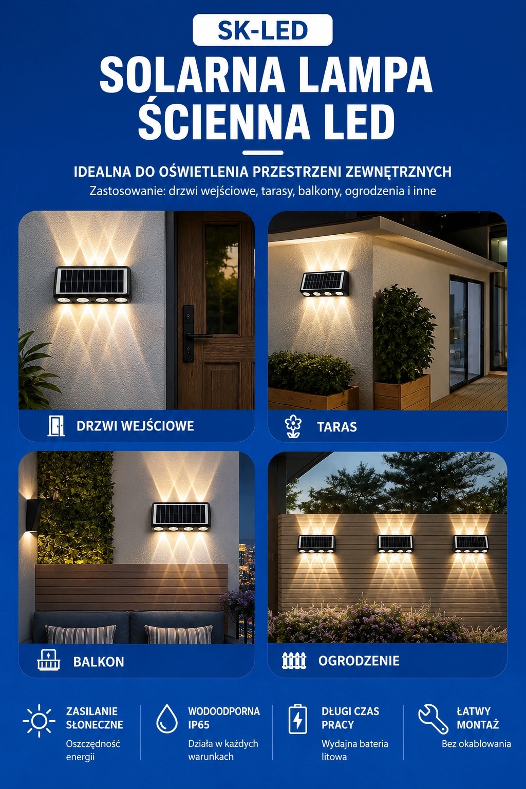 Wymiary kinkietu solarnego LED do montażu na ścianie