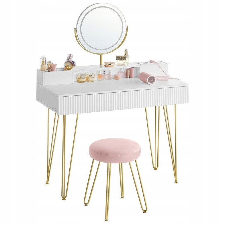 TOALETKA Z LUSTREM, HOKEREM I OŚWIETLENIEM 100CM BIAŁO-ZŁOTA