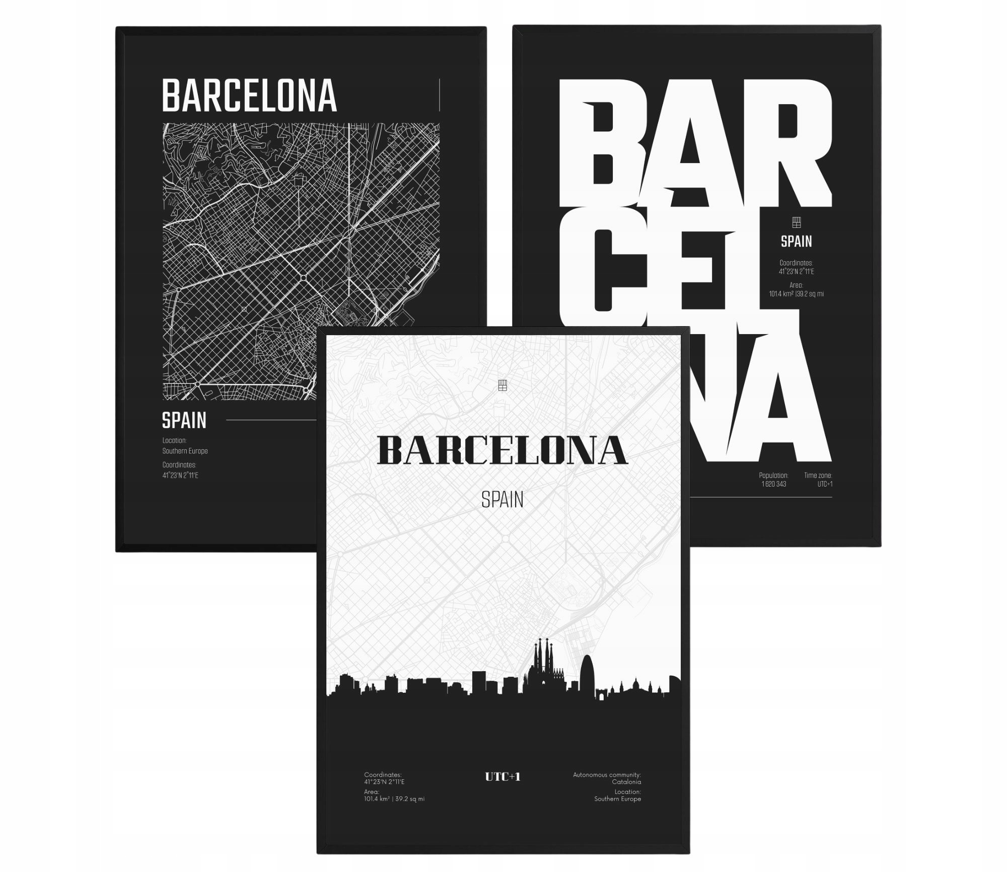 Sada 3 plagátov Barcelona Mapa mesta Čiernobiele Loft Obrazy v ráme