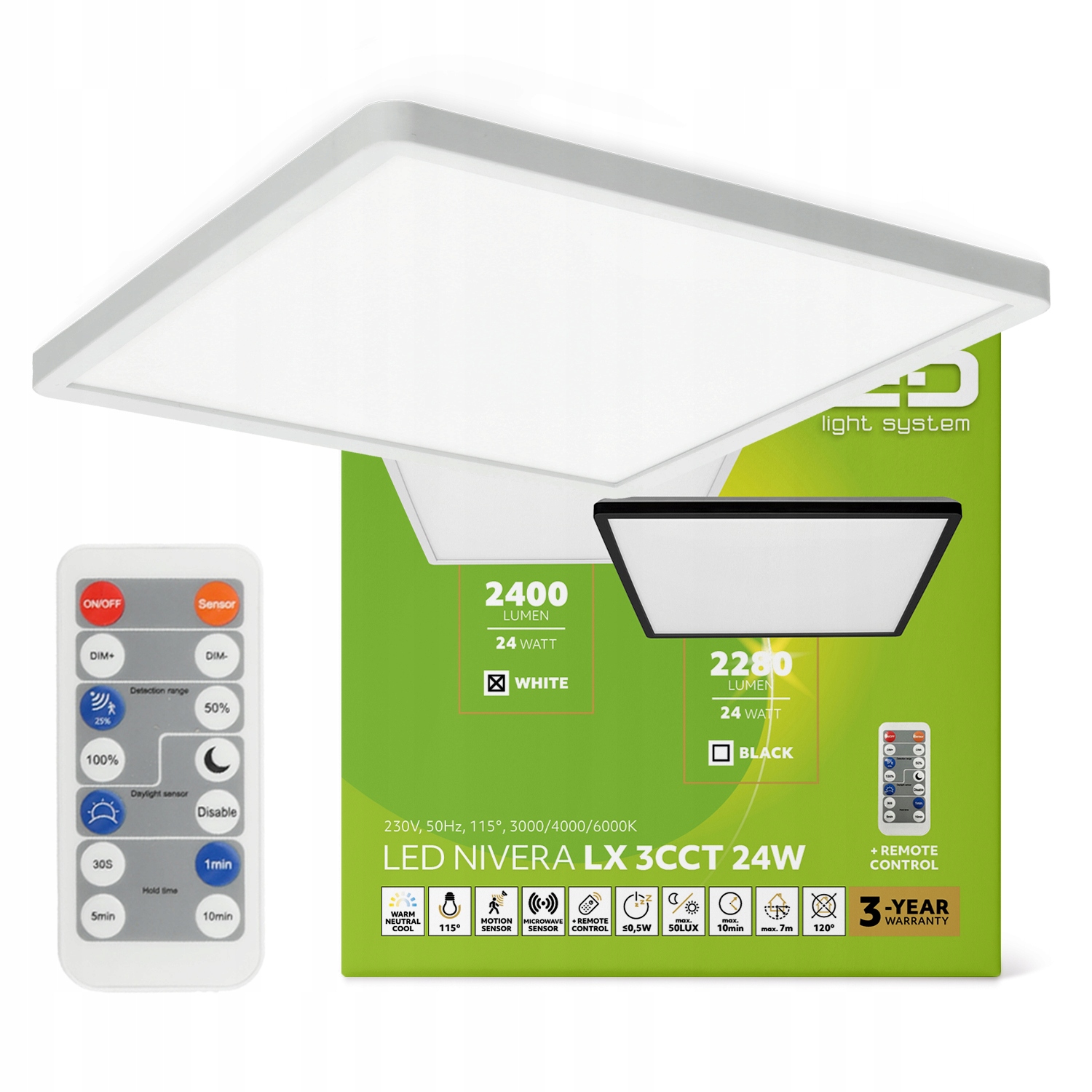 Lampa Led Czujnik Ruchu Plafon 24W Oprawa Zewnętrzna IP54 Biała Kwadrat