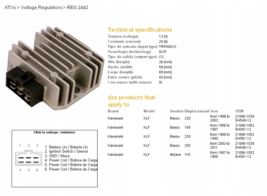 Dze Regulátor Napätia Kawasaki KLF110/185/220/250 Bayou (OEM-21066-1052)