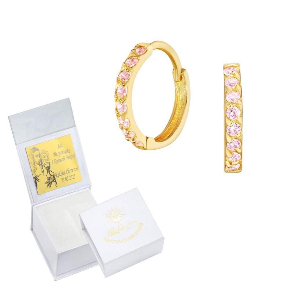 Złote Kolczyki 333 Komunia Różowe Kamienie Na Zatrzask