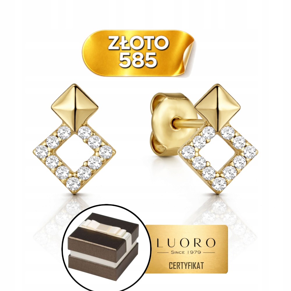 Náušnice Zlaté 585 14K Dva Kosočtverce Se Zirkony 9 MM Krabička Dárek
