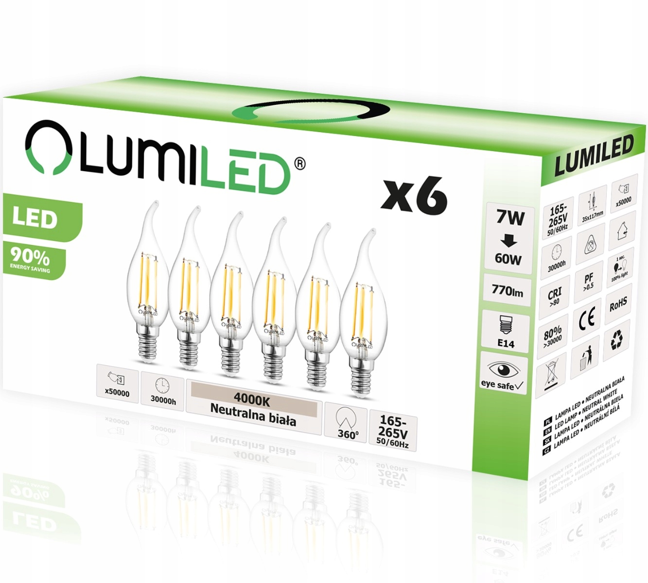 

6x Żarówka Led Płomyk E14 7W 4000K Ozdobna Świeca