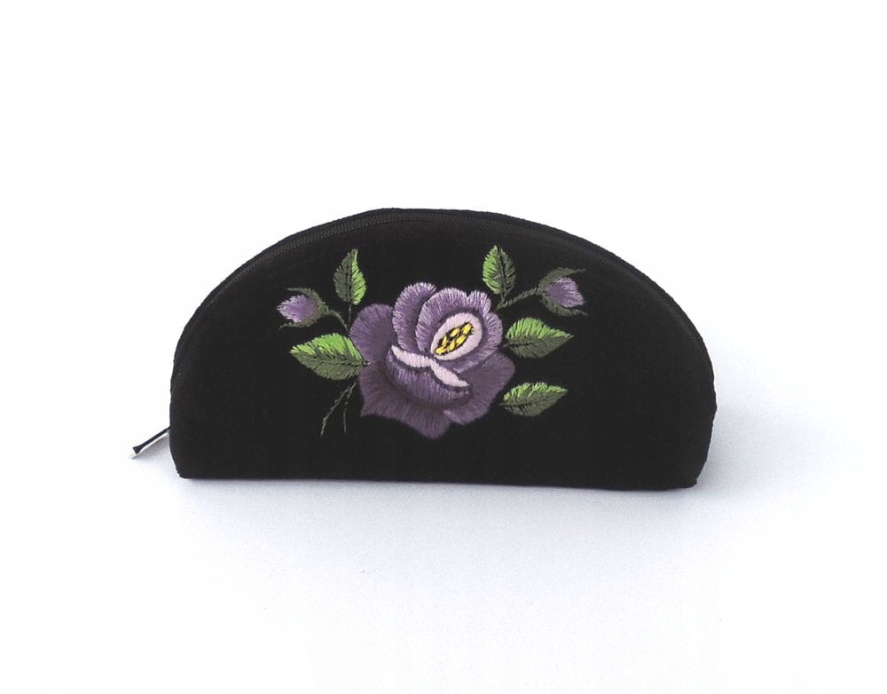 Malá Černá Kosmetická Taška Folk Rybářská Výšivka Fialová Růže Ruční Práce