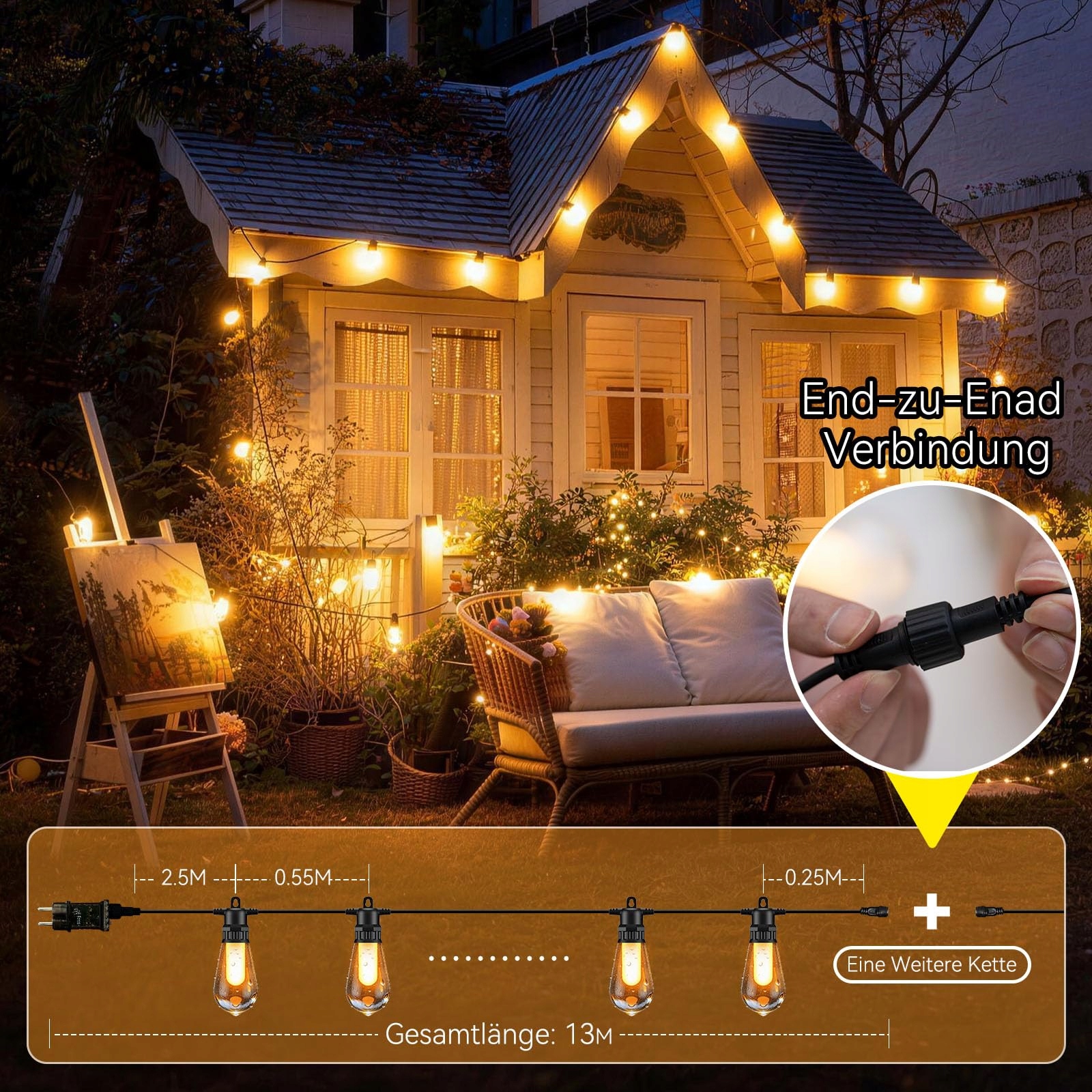 Lampa Zewnętrzna Girlanda LED Z Pilotem Ogrodowa Balkon Taras 13M EWIKIN — miniatura 3