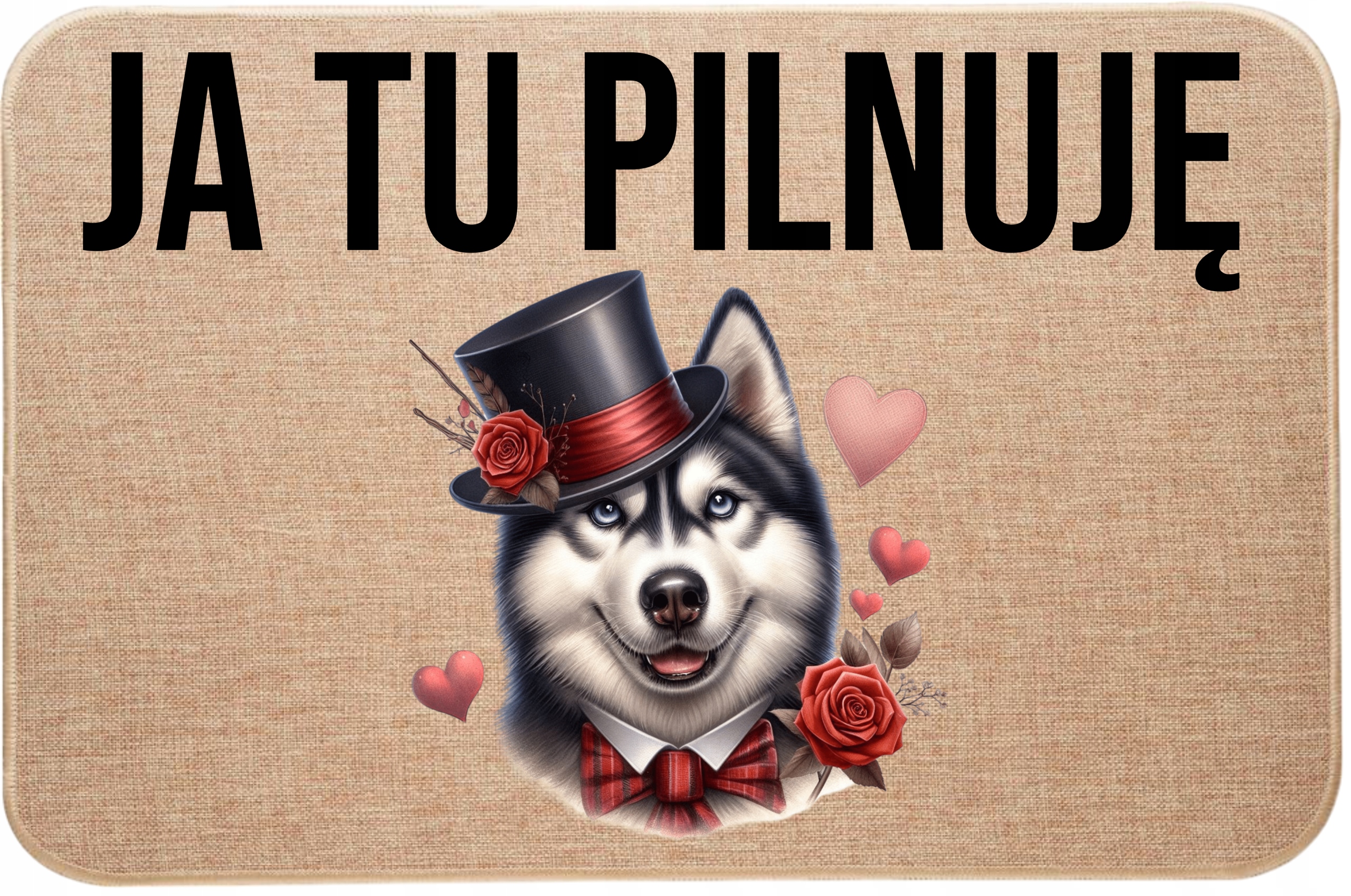 Lněná rohožka před dveře Já tady hlídám Husky Valentýna Srdce