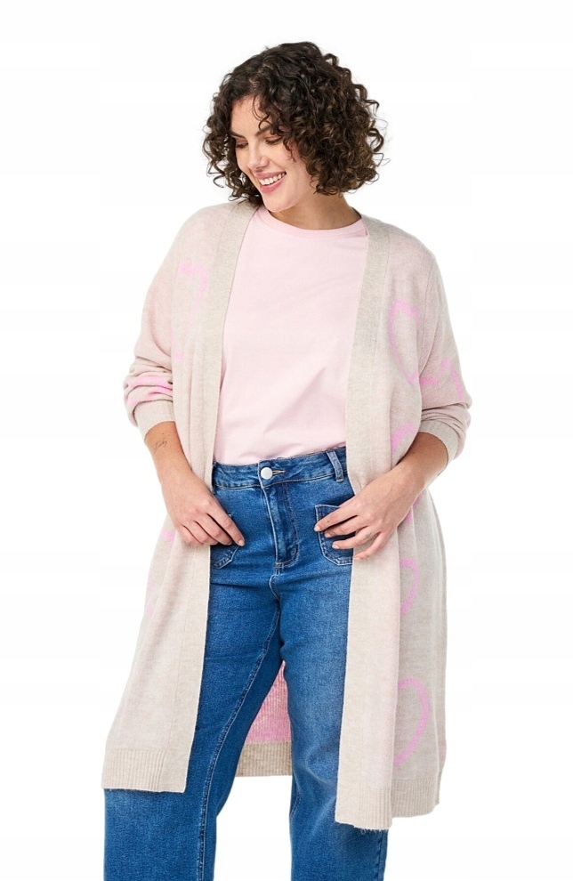 Zizzi Dlouhý Svetr Kardigan Béžový Srdce 410D 56