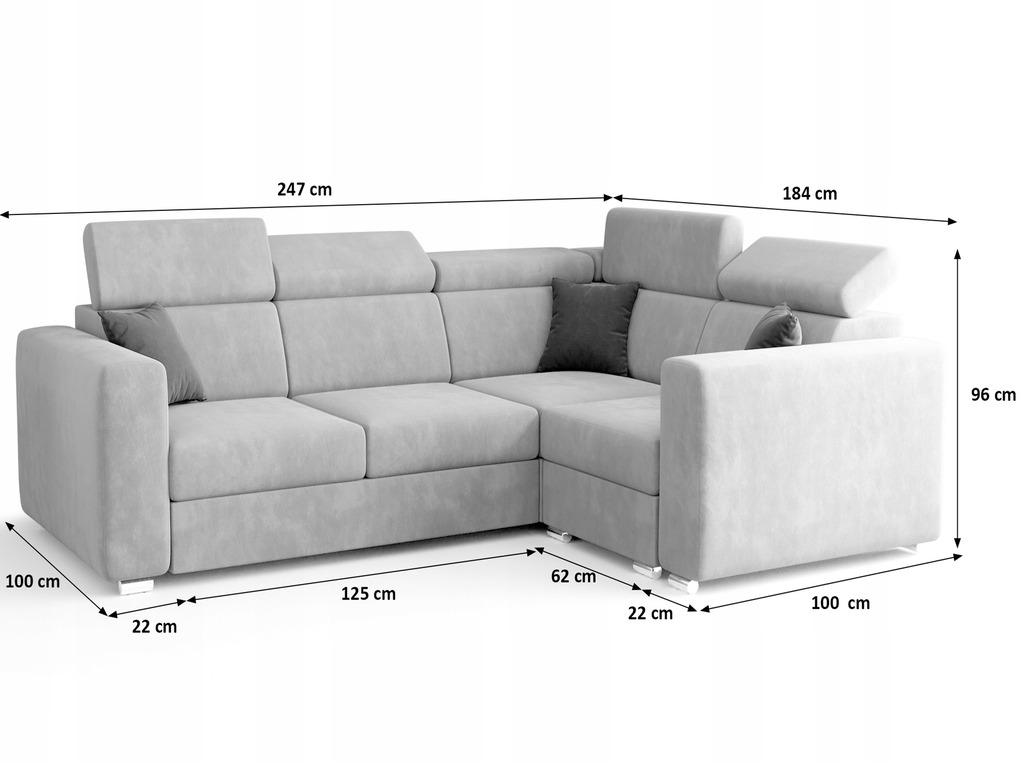 Narożnik Rozkładany Rogówka RNA01 250 O-sofa Wysokość mebla 96 cm