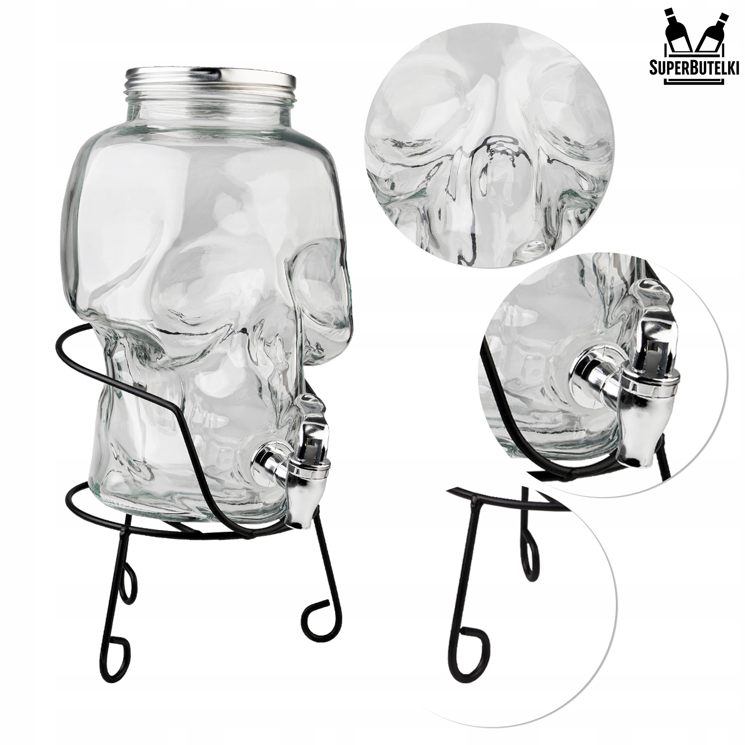 SŁÓJ SZKLANY z KRANIKIEM 5L na LEMONIADĘ SOK WINO DYSTRYBUTOR WODY CZASZKA Linia Słój 5L + Kranik + Stojak CZASZKA JASNA