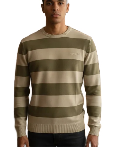 Guess Pánský Pruhovaný Svetr S Kulatým Výstřihem Khaki Xs G_a