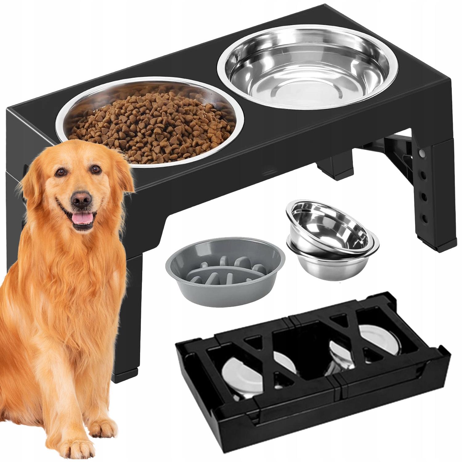 Levně Miska Pro Psa Na Stojanu, Dvojitá, Nastavitelná, Velká, Zpomalovací, 2V1