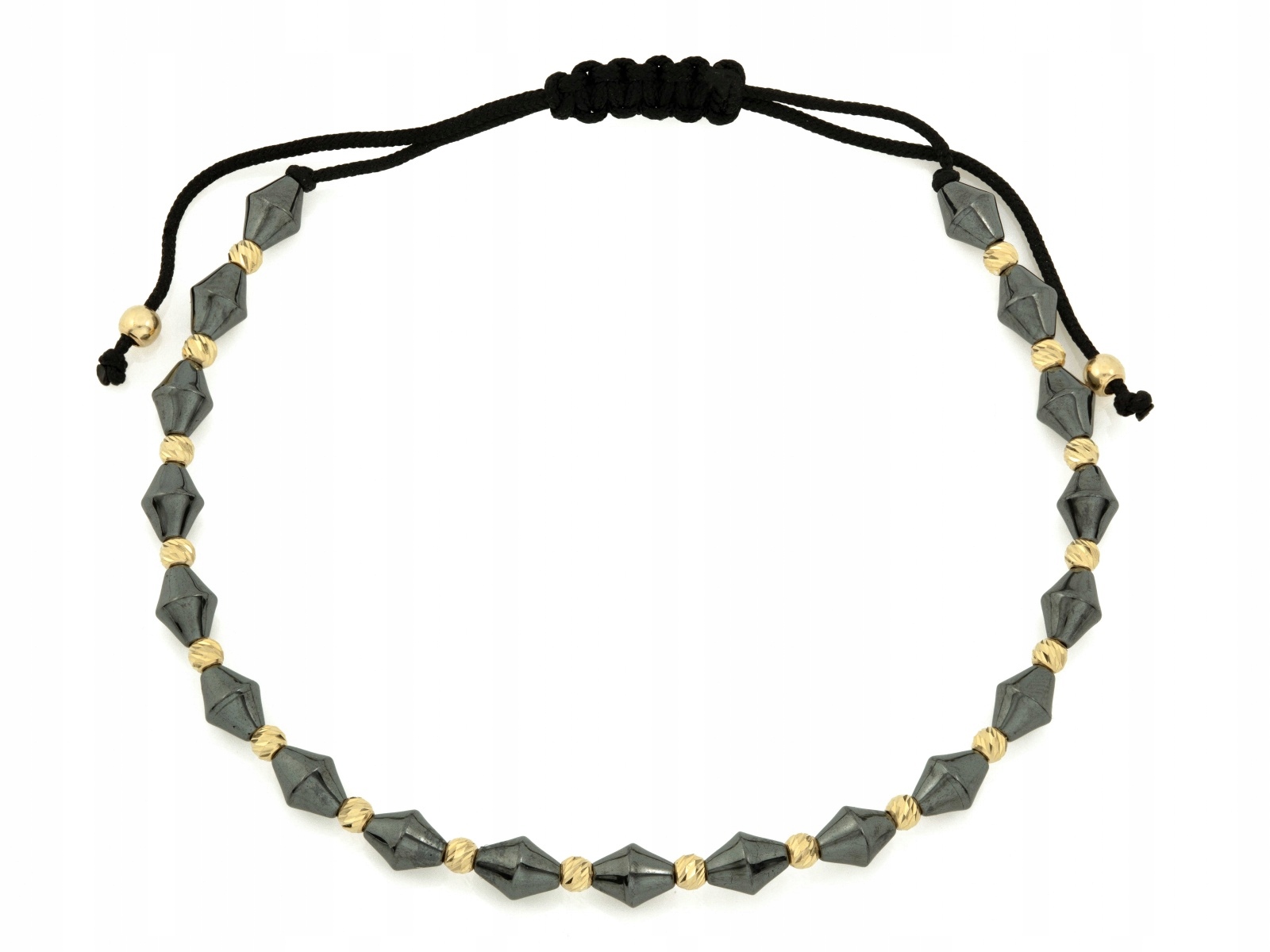 Náramek zlaté kuličky 585 a hematity na černém provázku jako dárek