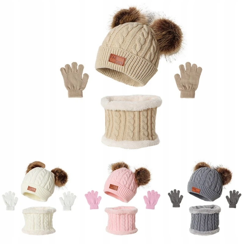 RIRI 3 Pcs Winter Warm Baby Solid Color Woolen Hat Gloves Scarf Set Double Materiał dominujący poliester