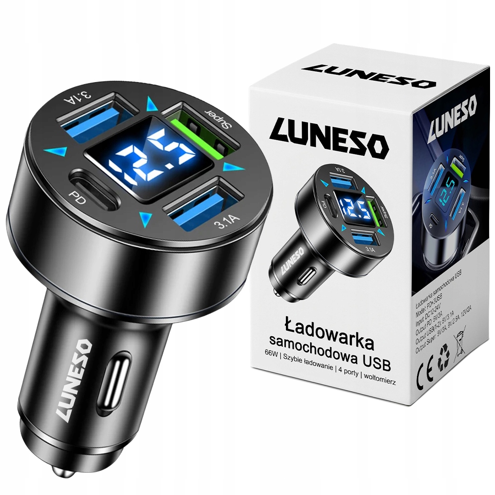 Ładowarka samochodowa Szybka 4x Usb Pd QC3.0 Usb C 66W telefonu woltomierz
