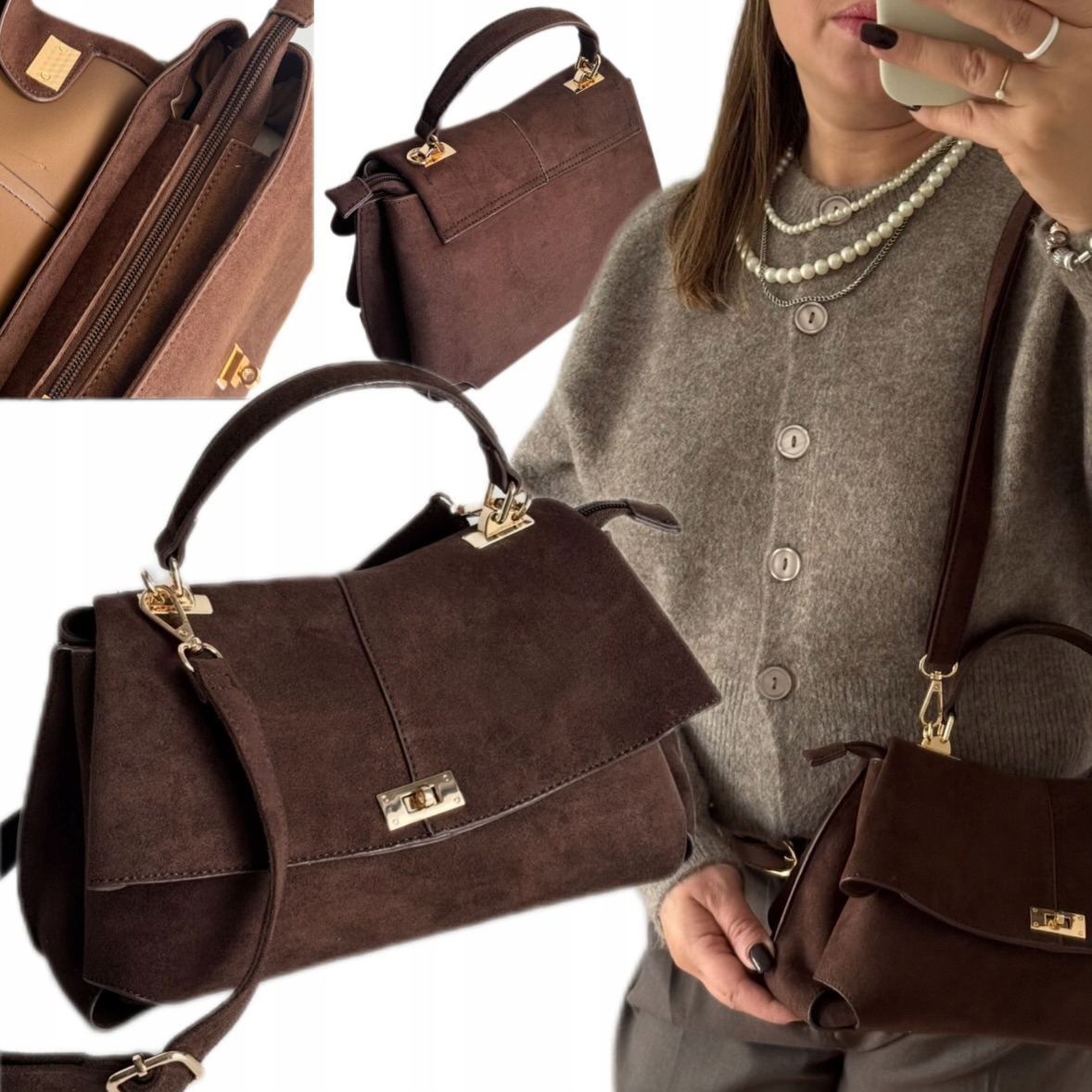 Torebka Damska Gallantry Eco Skóra Zamszowa Zamsz Brązowa Czekolada Viral