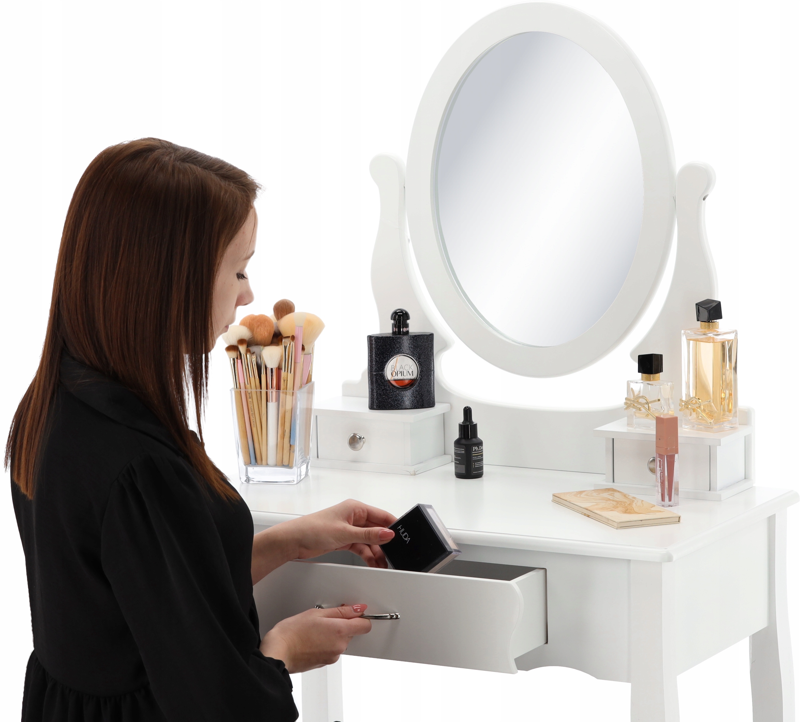 TOALETKA KOSMETYCZNA Z LUSTREM I SZUFLADAMI DO WIZAŻU + TABORET Głębokość mebla 40.5 cm