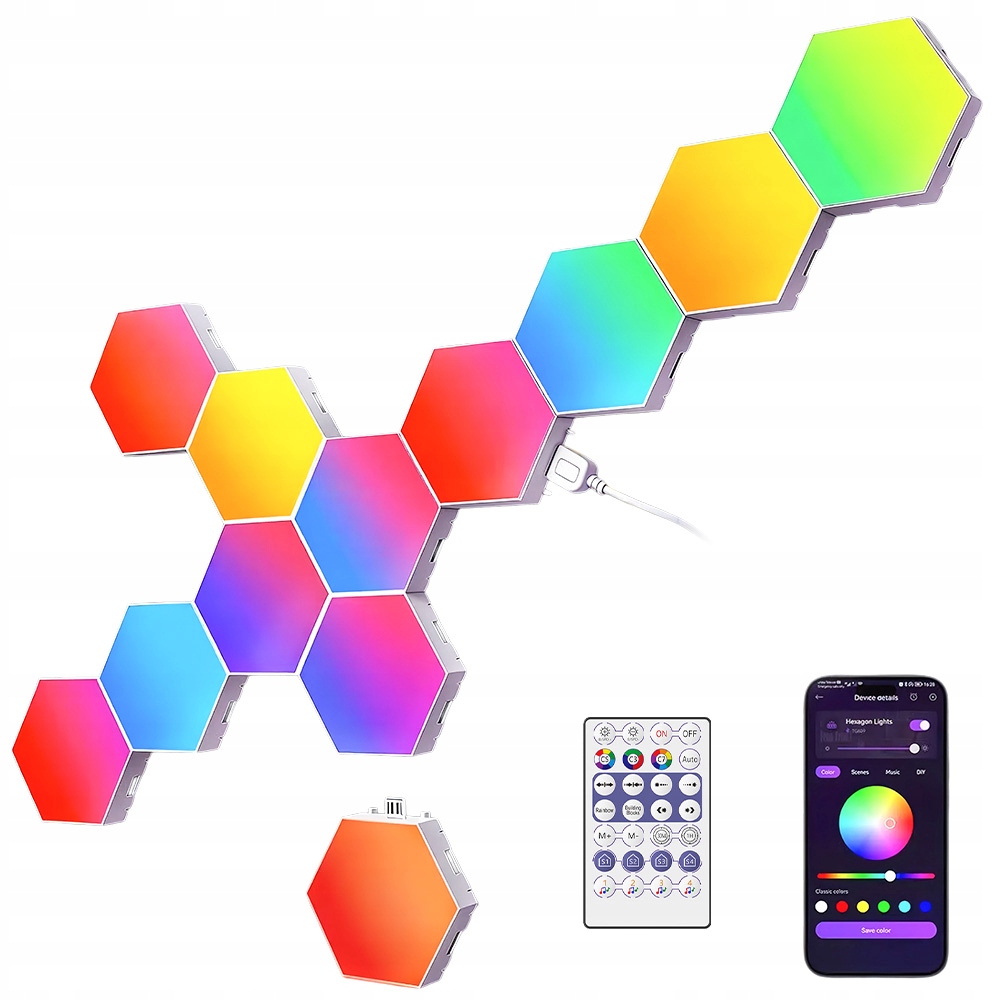 Herní Osvětlení Hexagon Wifi 12 Kusů Rgb Led S Hudbou A Dálkovým Ovládáním