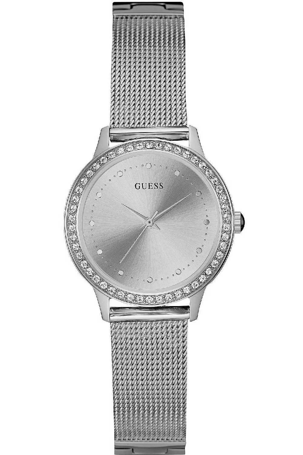 Stříbrné dámské hodinky Guess Chelsea s krystaly a síťkou