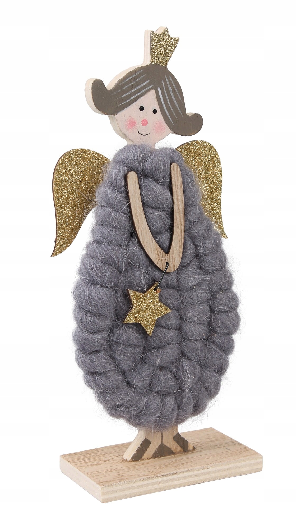 FIGURKA DREWNIANA ANIOŁEK Z WEŁNĄ 9,5x5x21 cm