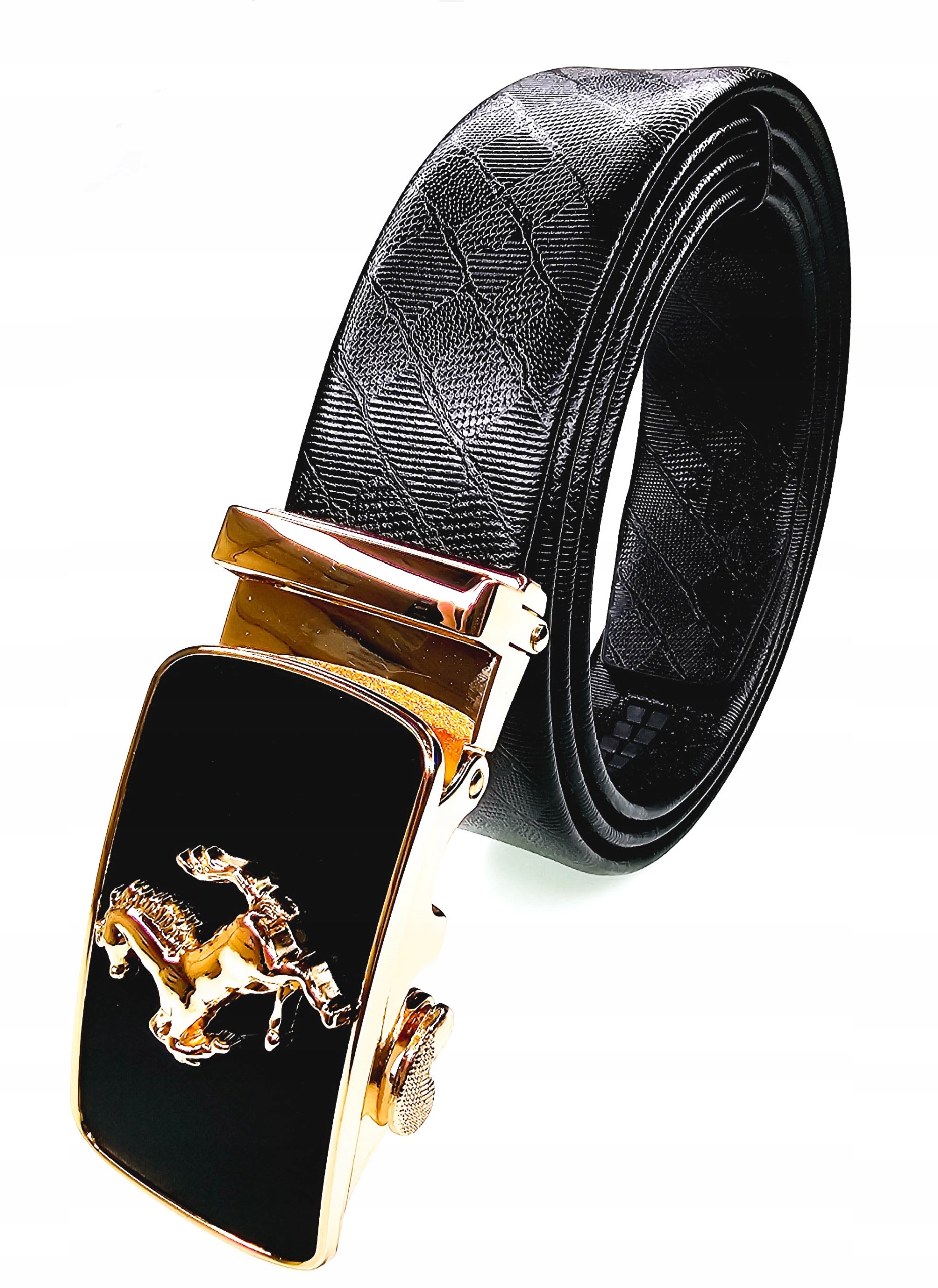 Luxusní Černý Pánský Kožený Opasek S Automatickou Přezkou Zlatý Kůň Ferrari 130 CM