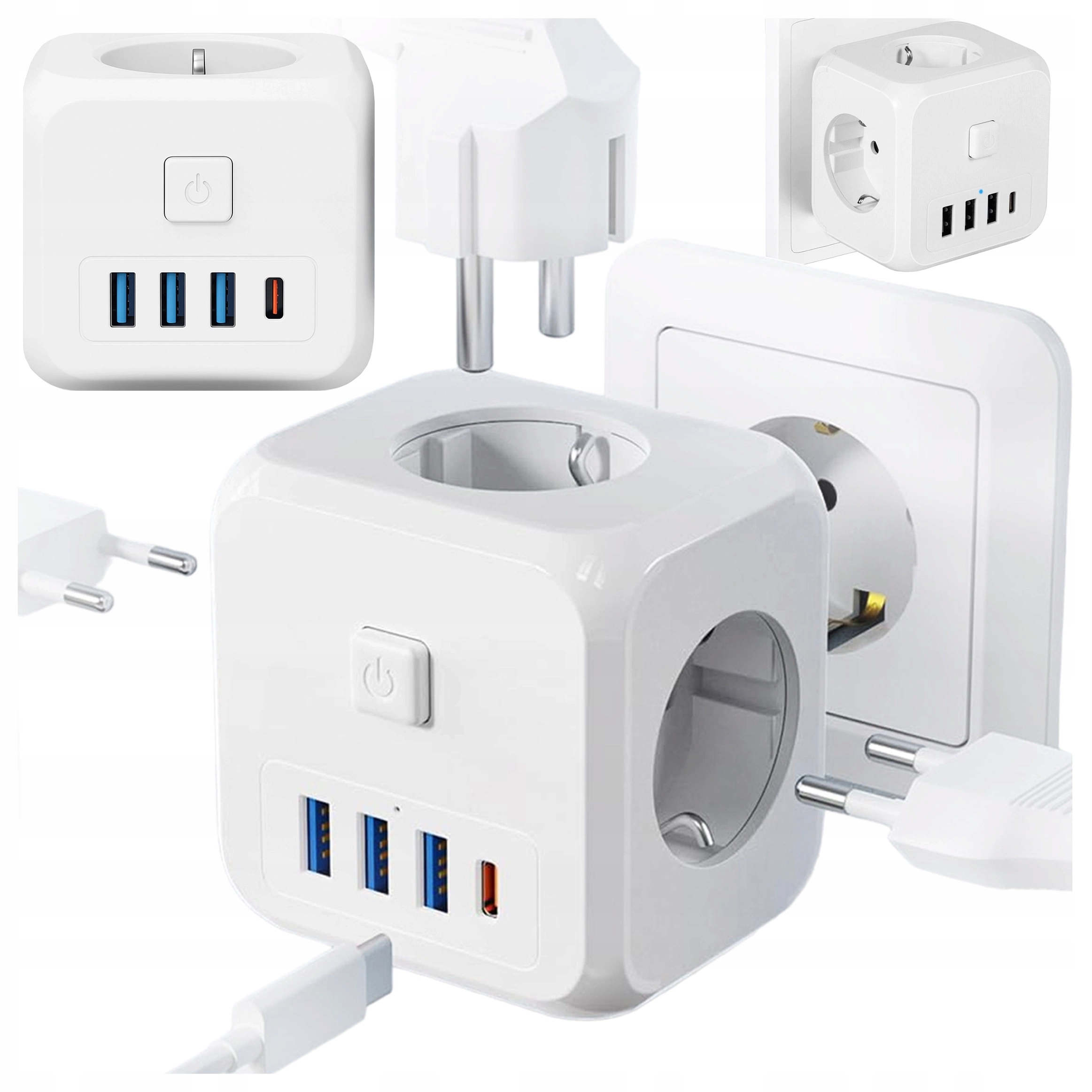 Rozdělovač S Uzemněním Nabíječka Lišta 3 Zásuvky Eu Usb Usb-c Adaptér